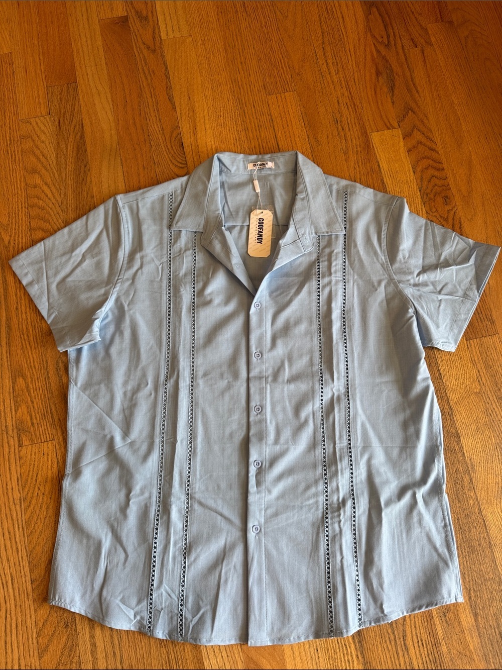 Men's Light Blue Short-Sleeve Button-Down Shirt with Embroidered Panels